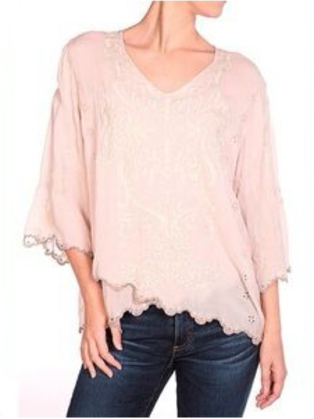 Johnny Was Size Small Embroidered Blouse Scallop Asymmetrical Hem Flowy Pink